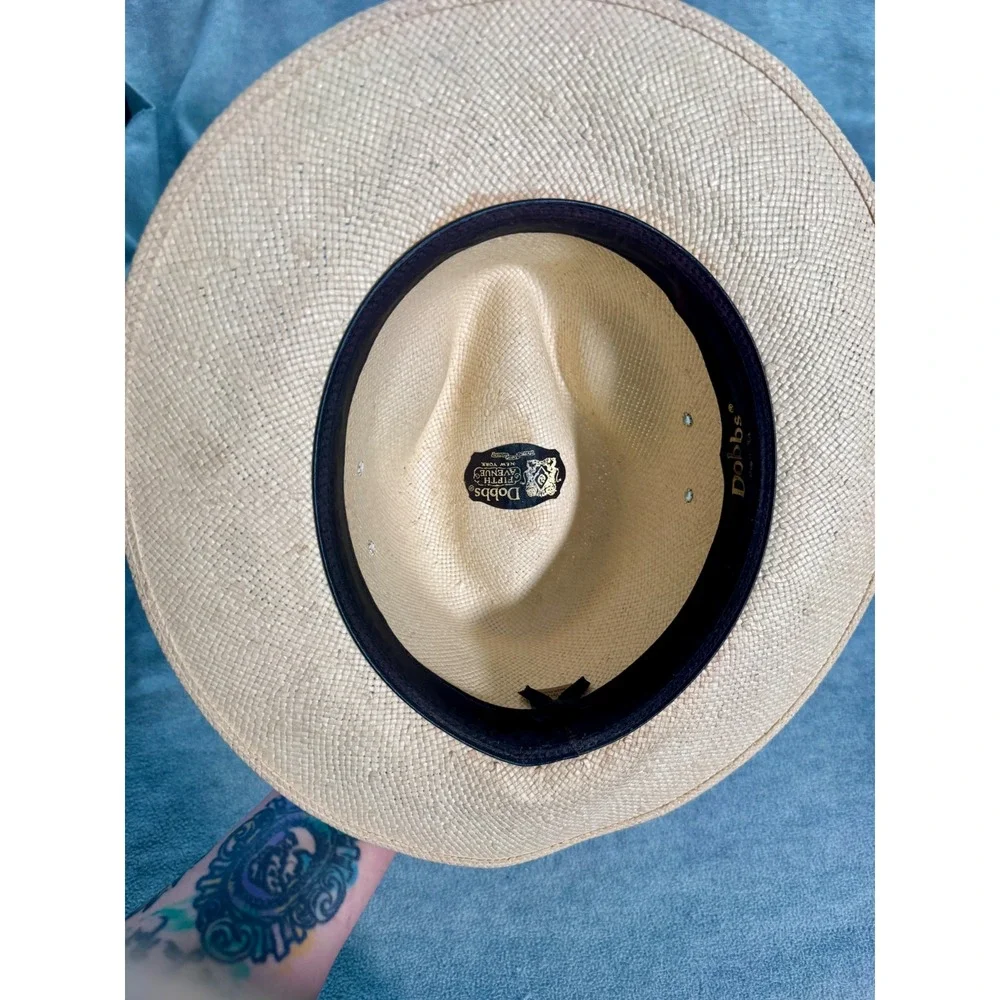 Dobbs Fifth Avenue Straw Fedora Hat Tan Navy Blue Band Mens‎ Vintage Style